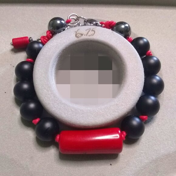 Red & Black Power Bracelet! Professional Wardrobe! Coral Hematite + Stone Beads - Picture 8 of 13